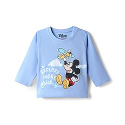 Babyhug Disney Single Jersey Knit Full Sleeves T-Shirt & Striped Pyjama Night Suit With Mickey Mouse Graphic - Light Blue