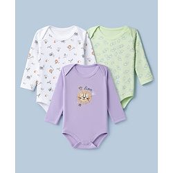 Babyhug 100% Cotton Interlock Knit Onesies with Lion & Cloud Print in White Green Blue Pack of 3