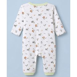 Babyhug 100% Cotton Knit Full Sleeves Animal Printed Romper With Cap - White