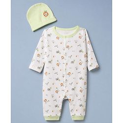 Babyhug 100% Cotton Knit Full Sleeves Animal Printed Romper With Cap - White