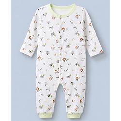 Babyhug 100% Cotton Knit Full Sleeves Animal Printed Romper With Cap - White
