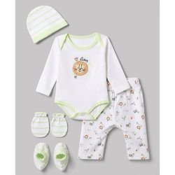 Babyhug 100% Cotton Interlock Knit Full Sleeves Animal Printed Onesies with Leggings & Cap Mittens and Booties - White