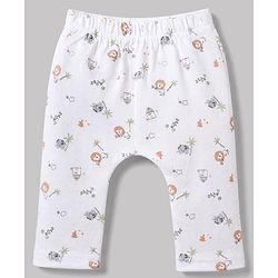 Babyhug 100% Cotton Interlock Knit Full Sleeves Animal Printed Onesies with Leggings & Cap Mittens and Booties - White
