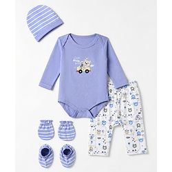 Babyhug 100% Cotton Interlock Knit Full Sleeves Teddy Bear Printed Onesies with Leggings & Cap Mittens and Booties - White