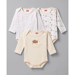 Babyhug 100% Cotton Interlock Knit Full Sleeves Striped Onesies with Bear Applique Pack of 3 - White