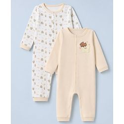 Babyhug 100% Cotton Interlock Knit Full Sleeves Rompers With House Print & Teddy Bear Patch Pack of 2 - White & Beige