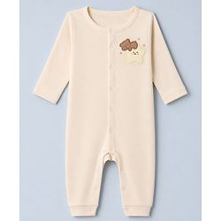 Babyhug 100% Cotton Interlock Knit Full Sleeves Rompers With House Print & Teddy Bear Patch Pack of 2 - White & Beige