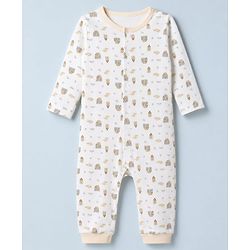 Babyhug 100% Cotton Interlock Knit Full Sleeves Rompers With House Print & Teddy Bear Patch Pack of 2 - White & Beige
