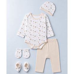 Babyhug 100% Cotton Knit Full Sleeves House Printed Onesie With Leggings & Cap Mittens & Booties Set - White & Beige