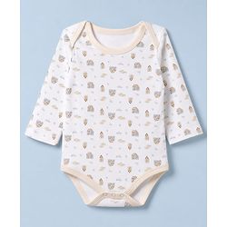 Babyhug 100% Cotton Knit Full Sleeves House Printed Onesie With Leggings & Cap Mittens & Booties Set - White & Beige