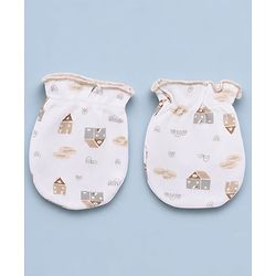 Babyhug 100% Cotton Knit Full Sleeves House Printed Onesie With Leggings & Cap Mittens & Booties Set - White & Beige