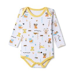 Babyhug 100% Cotton Interlock Knit Full Sleeves Striped Onesies With Teddy Bear Print & Applique Pack of 3 - White, Light Blue& Yellow