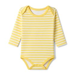 Babyhug 100% Cotton Interlock Knit Full Sleeves Striped Onesies With Teddy Bear Print & Applique Pack of 3 - White, Light Blue& Yellow