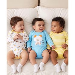 Babyhug 100% Cotton Interlock Knit Full Sleeves Striped Onesies With Teddy Bear Print & Applique Pack of 3 - White, Light Blue& Yellow