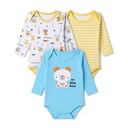 Babyhug 100% Cotton Interlock Knit Full Sleeves Striped Onesies With Teddy Bear Print & Applique Pack of 3 - White, Light Blue& Yellow