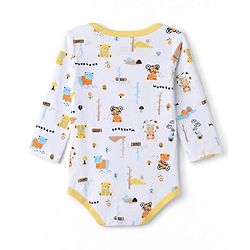 Babyhug 100% Cotton Interlock Knit Full Sleeves Striped Onesies With Teddy Bear Print & Applique Pack of 3 - White, Light Blue& Yellow