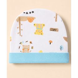 Babyhug 100% Cotton Interlock Knit Full Sleeves Animal Printed Onesies with Leggings & Cap Mittens and Booties - Light Blue