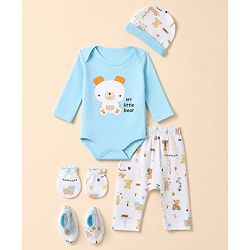 Babyhug 100% Cotton Interlock Knit Full Sleeves Animal Printed Onesies with Leggings & Cap Mittens and Booties - Light Blue