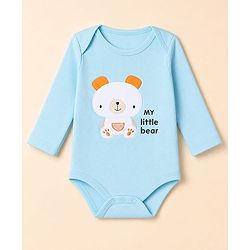 Babyhug 100% Cotton Interlock Knit Full Sleeves Animal Printed Onesies with Leggings & Cap Mittens and Booties - Light Blue