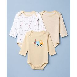 Babyhug 100% Cotton Interlock Knit Onesies With Full Sleeves and Truck Print Pack of 3 - Beige