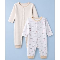 Babyhug 100% Cotton Interlock Knit Full Sleeves Rompers with Eiffel Tower Boat Print & Checks Pack of 2 - White & Cream