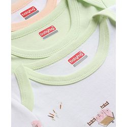 Babyhug 100% Cotton Interlock Knit Full Sleeves Onesies With House Print & Animal Patch Pack of 3 - White, Orange & Light Green