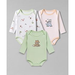 Babyhug 100% Cotton Interlock Knit Full Sleeves Onesies With House Print & Animal Patch Pack of 3 - White, Orange & Light Green
