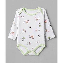 Babyhug 100% Cotton Interlock Knit Full Sleeves Onesies With House Print & Animal Patch Pack of 3 - White, Orange & Light Green