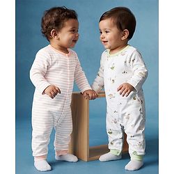 Babyhug 100% Cotton Knit Full Sleeves Striped & House Printed Rompers Pack Of 2 - White & Peach