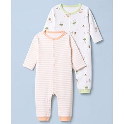 Babyhug 100% Cotton Knit Full Sleeves Striped & House Printed Rompers Pack Of 2 - White & Peach