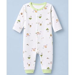 Babyhug 100% Cotton Knit Full Sleeves Striped & House Printed Rompers Pack Of 2 - White & Peach
