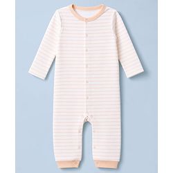Babyhug 100% Cotton Knit Full Sleeves Striped & House Printed Rompers Pack Of 2 - White & Peach