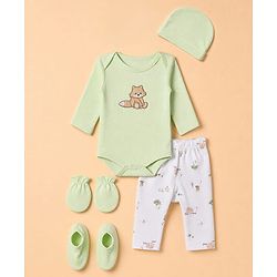 Babyhug 100% Cotton Interlock Knit Full Sleeves Fox Printed Onesies with Leggings & Cap Mittens and Booties - Light Green