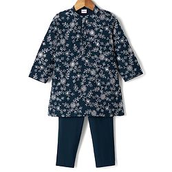 Babyhug Georgette Woven Full Sleeves Floral Embroidered Kurta & Pyjama Set - Navy Blue