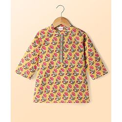 Babyhug Cambric Woven Full Sleeves Kurta Dhoti Set with Floral Print - Yellow
