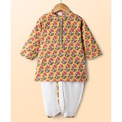 Babyhug Cambric Woven Full Sleeves Kurta Dhoti Set with Floral Print - Yellow