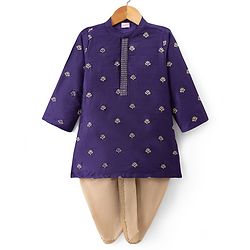 Babyhug Cotton Blend Woven Full Sleeves Kurta Dhoti Set with Floral Embroidery - Purple