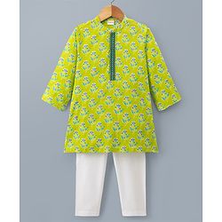 Babyhug Cambric Woven Full Sleeves Kurta Pyjama Set with Floral Print - Green