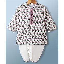Babyhug Cambric Woven Full Sleeves Floral Printed Kurta & Dhoti Set - White