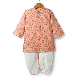 Babyhug 100% Cotton Cambric Woven Full Sleeves Floral Printed Kurta & Dhoti Set - Peach