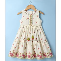 Babyhug Cambric Woven Sleeveless Ethnic Dress with Floral Print - White