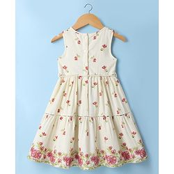 Babyhug Cambric Woven Sleeveless Ethnic Dress with Floral Print - White