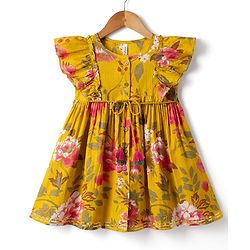 Babyhug Cambric Woven Sleeveless Floral Printed Ethnic Dress - Mustard