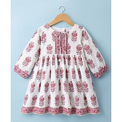 Babyhug Cambric Woven Three Forth Sleeves Floral Printed Ethnic Dress - White