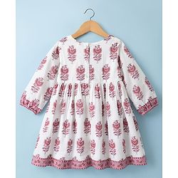 Babyhug Cambric Woven Three Forth Sleeves Floral Printed Ethnic Dress - White