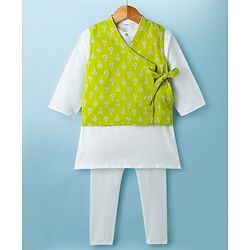 Babyhug 100% Cotton Cambric Woven Full Sleeves Kurta & Pyjama Set With Floral Printed Jacket - Lime Green