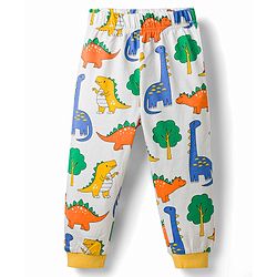 Babyhug Cotton Knit Full Sleeves T-Shirt & Pyjama Co-Ord Night Suit With Dino Print - White