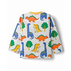 Babyhug Cotton Knit Full Sleeves T-Shirt & Pyjama Co-Ord Night Suit With Dino Print - White