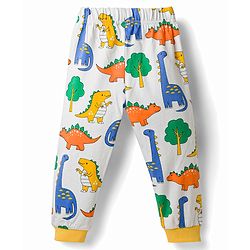 Babyhug Cotton Knit Full Sleeves T-Shirt & Pyjama Co-Ord Night Suit With Dino Print - White