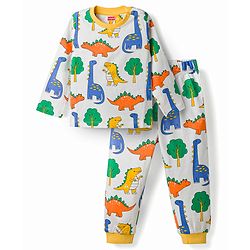 Babyhug Cotton Knit Full Sleeves T-Shirt & Pyjama Co-Ord Night Suit With Dino Print - White